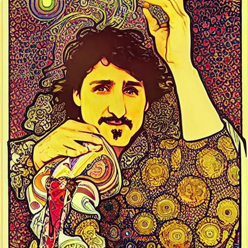 Image similar to detailed art Justin Trudeau, by Alphonse Mucha and Gustav Klimt