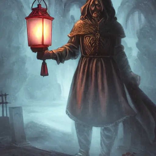 Prompt: cleric holding a lantern in a cemetery, ravenloft style, intricate, fantasy, rpg, d&d