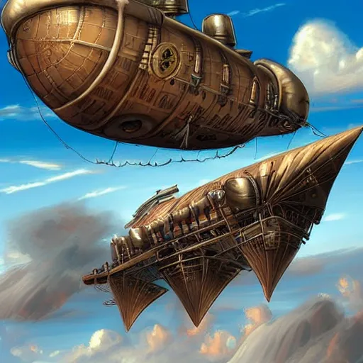 Prompt: steampunk airship flying through clear blue skies, epic fantasy art style HD