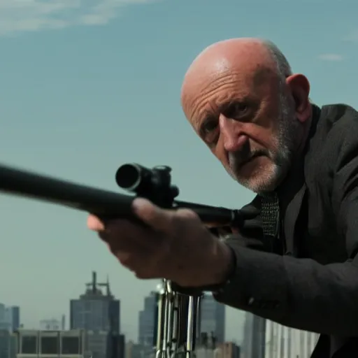 Image similar to film still of mike ehrmantraut aiming with a sniper rifle on a rooftop, 4 k, highly detailed