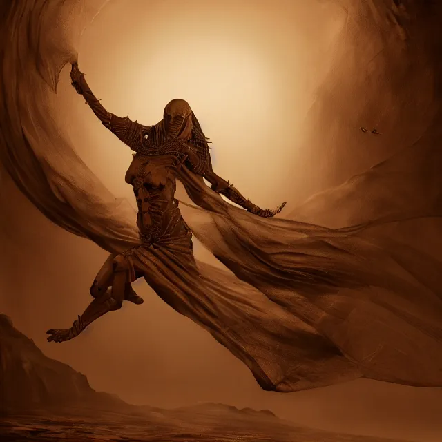 Image similar to photorealistic sepia painting of a flying mummy in a power pose, nabatean writing on the bones, atmospheric lighting, brooding, painted, intricate, ultra detailed, well composed, best on artstation, cgsociety, epic, horror, stunning, gorgeous, intricate detail, much wow, masterpiece, cinematic aesthetic octane render, 8 k hd resolution,