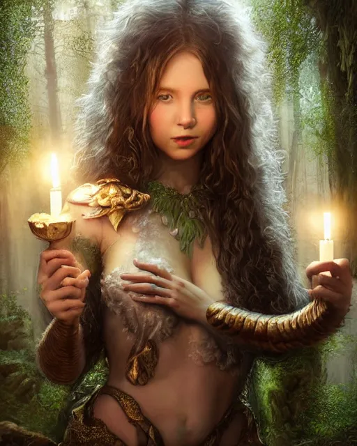 Image similar to portrait high definition photograph cute girl holding a candle fantasy character art, hyper realistic, pretty face, hyperrealism, iridescence water elemental, snake skin armor forest dryad, woody foliage, 8 k dop dof hdr fantasy character art, by aleski briclot and alexander'hollllow'fedosav and laura zalenga