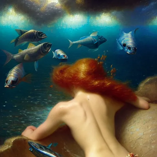 Image similar to point of view, you are deep in the ocean looking up, you see fishes, flora and fauna, higher you see the splendorous milk way illuminating the sea. highly detailed painting by gaston bussiere, greg rutkowski 8 k