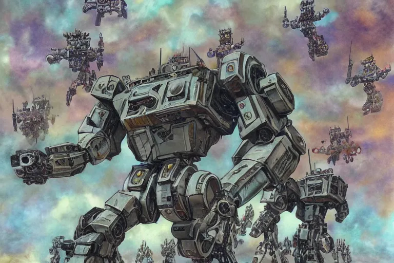 Image similar to inorganic battle robot army, art by frank hampson and shawn mcmanus, trending on artstation, photorealistic, watercolor painting, manga