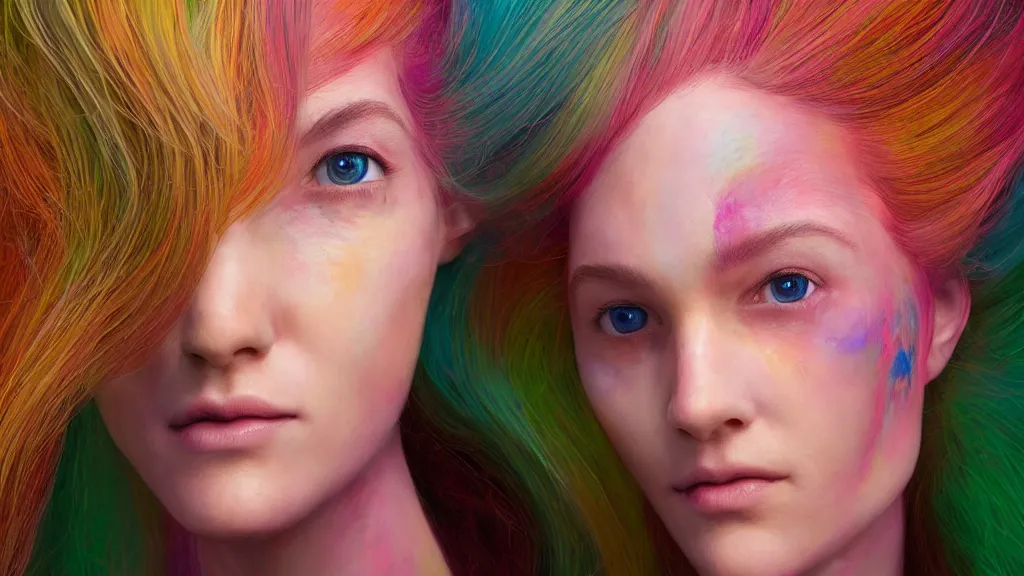 Prompt: A portrait of a beautiful girl who has colored abstract hair with volumetric displacement by Lee Griggs