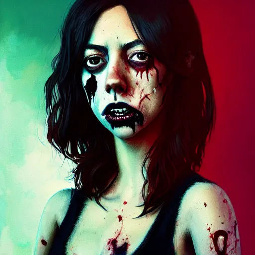 Image similar to color head portrait of aubrey plaza as a really cute zombie, 7 days to die zombie, gritty background, fine art, award winning, intricate, elegant, sharp focus, cinematic lighting, digital painting, 8 k concept art, art by michael hussar, art by brom, art by guweiz and z. w. gu, 8 k