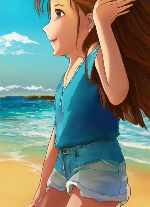 Image similar to girl at a beach, happy, beautiful, finely detailed, made by ross tran, studio ghibli, full body portrait, illustration, shinny water, shinny sand, sunny, anime, front view, perfect anime face, realistic face, zoomed out, smooth, blue eyes, high waisted shorts, sharp focus