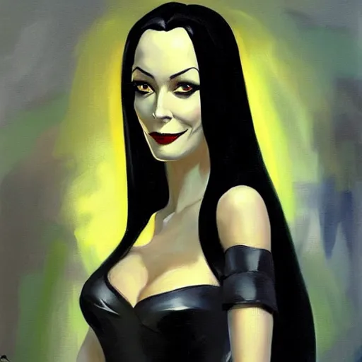 Image similar to greg manchess portrait painting of morticia from addams family as overwatch character, medium shot, asymmetrical, profile picture, organic painting, sunny day, matte painting, bold shapes, hard edges, street art, trending on artstation, by huang guangjian and gil elvgren and brom