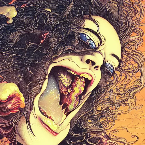 Image similar to closeup of face melting and tongues, by yoichi hatakenaka, masamune shirow, josan gonzales and dan mumford, ayami kojima, takato yamamoto, karol bak