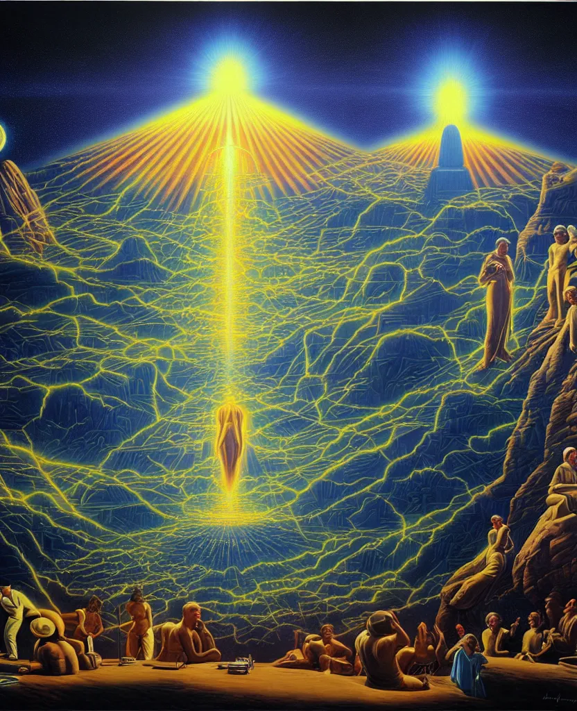 Image similar to a beautiful future for human evolution, spiritual science, divinity, utopian, by david a. hardy, wpa, public works mural, socialist