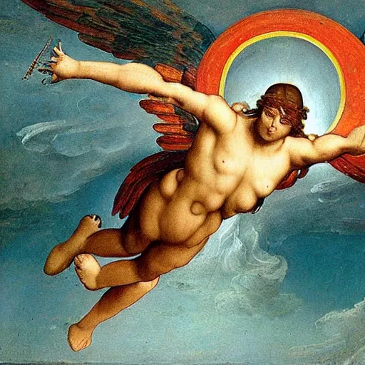 Prompt: a renaissance painting of a futuristic robot angel flying over the earth, art, art museum, renaissance