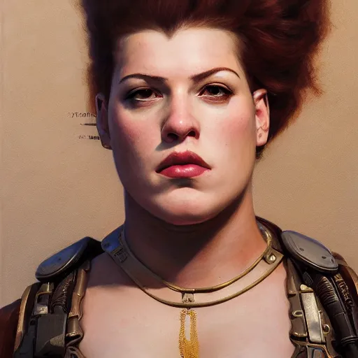 Prompt: portrait of heavy armoured zarya from overwatch in disco elysium, by alexander mcqueen, by roberto ferri, by tom bagshaw, by j. c. leyendecker and klimt, by austin osman spare, highly detailed oil painting, very intricate, cinematic lighting, award - winning, american romanticism, artstation, cgsociety, official art, octane