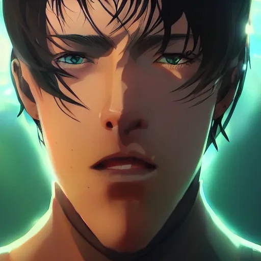 Image similar to insanely detailed. by wlop, ilya kuvshinov, krenz cushart, greg rutkowski, pixiv. zbrush sculpt, octane, maya, houdini, vfx. close - up gorgeous attractive cg anime male character with long hair, parted in the middle, with brilliant green glowing eyes. cinematic dramatic atmosphere, sharp focus, volumetric lighting.