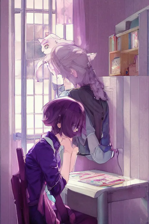 Prompt: a girl playing with a cat A comfortable study room at night,purple and blue theme,,S line,hard edges,jk uniform ,Hairdryer by mucha and krenz cushart and range murata