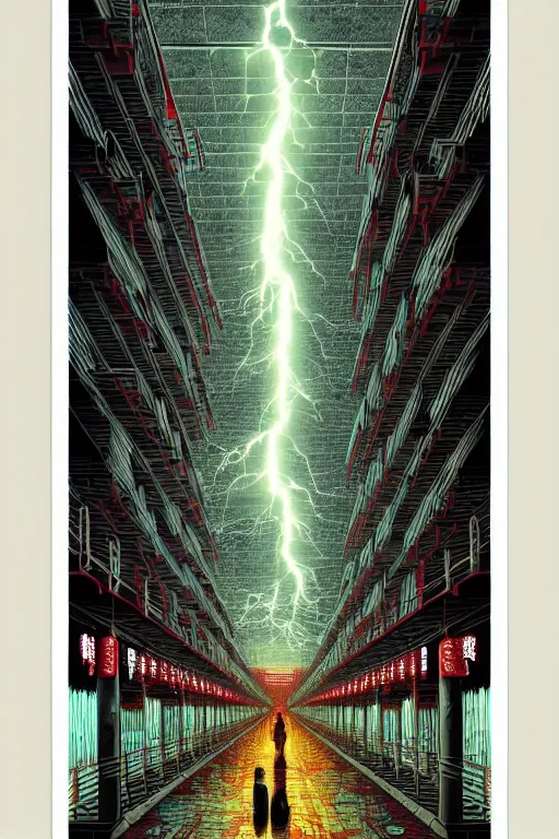 Image similar to artwork of a chinese prison by dan mumford and toshi yoshida and peter doig, symmetrical, vintage scifi, highly detailed, dramatic lightning,, 8 k