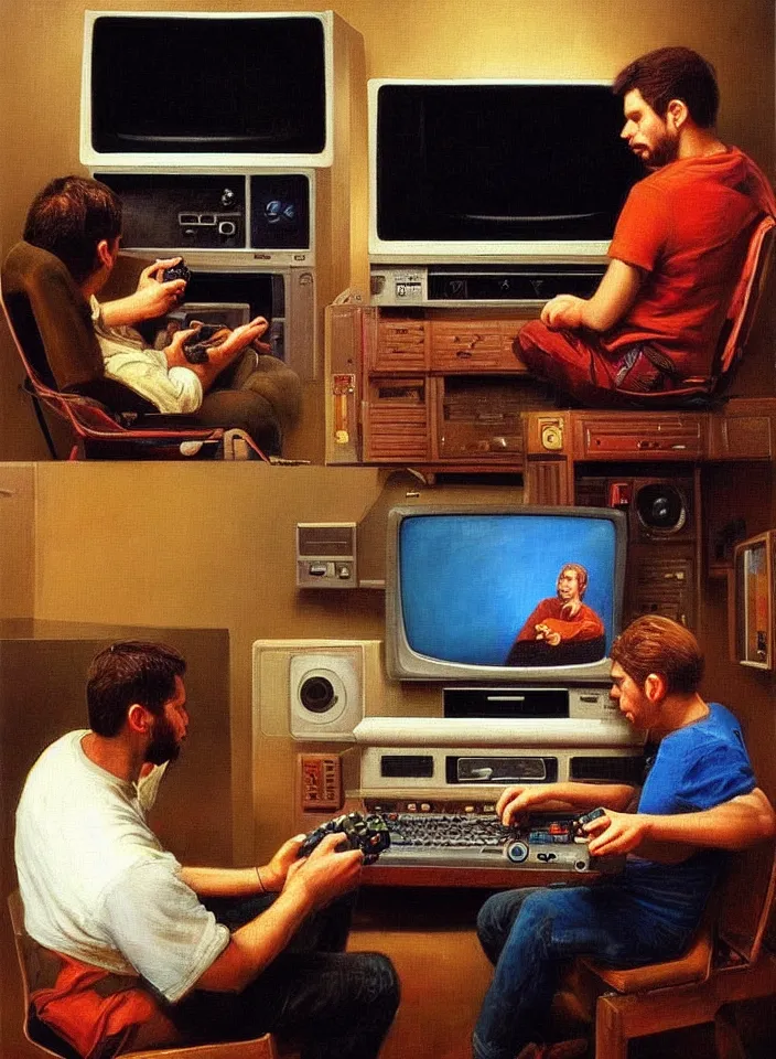 Image similar to Portrait of men playing video games on CRT television using Atari joysticks. Painting by Robert Edward Hughes. Intricate details. hyper realism. Masterpiece.