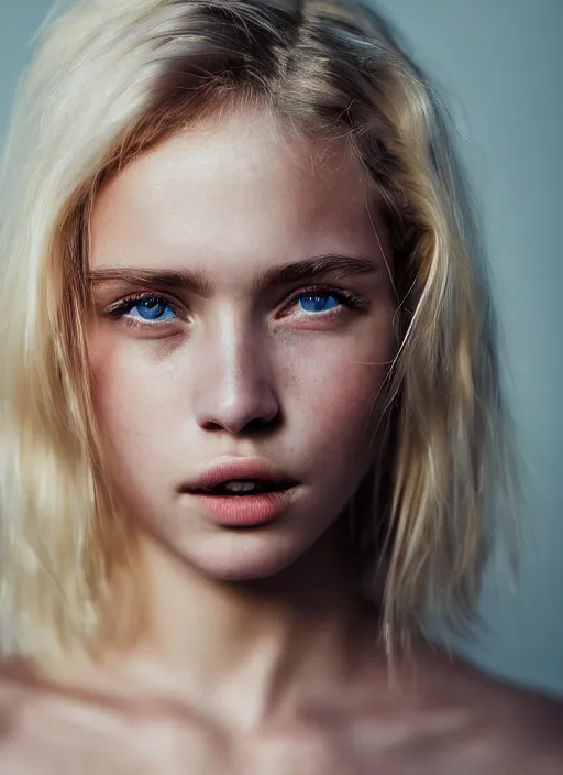 Image similar to Kodak Portra 400, 8K, highly detailed, photographic extreme close-up face of a pretty girl with blond hair , Low key lighting, photographed by Alessio Albi ,dark background, high quality, photo-realistic.