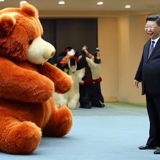 Image similar to a still of xi jinping kissing a teddy bear