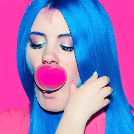 Image similar to girl with blue hair blowing a pink bubble. graphic design