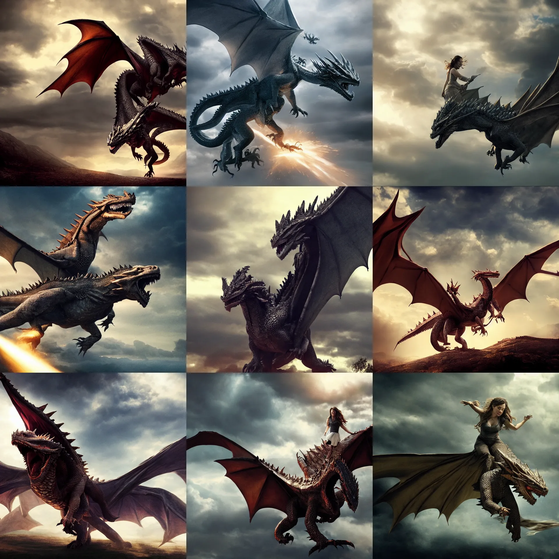 Prompt: Emilia Clark riding a dragon, photorealistic, volumetric light, cinematic, dynamic light, dynamic shadows