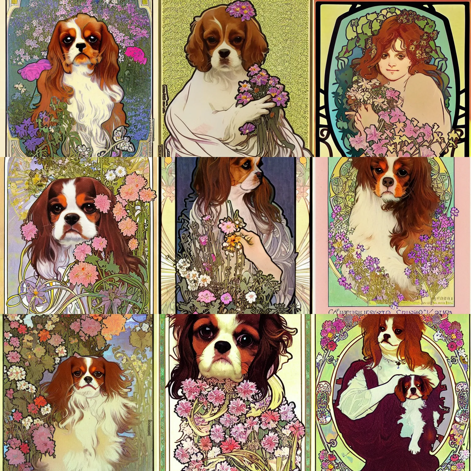 Prompt: fluffy cavalier king charles spaniel, surrounded by flowers, illustration by alphonse mucha