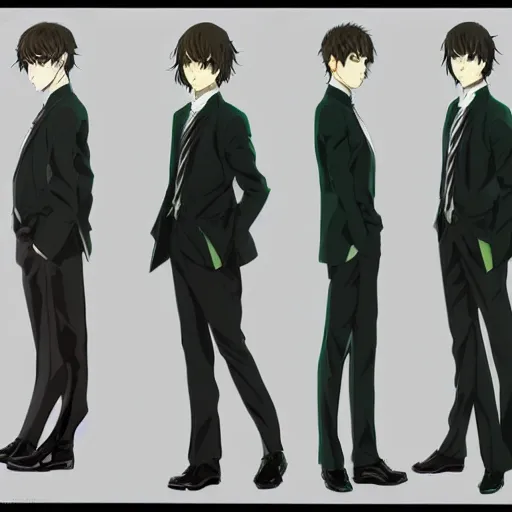 Prompt: full body portrait character concept art, anime key visual of decadent young anime male in black suit, green long hair and brown eyes, finely detailed perfect face studio lighting delicate features directed gaze, gapmoe kuudere grimdark, trending on pixiv fanbox, painted by greg rutkowski makoto shinkai takashi takeuchi studio ghibli