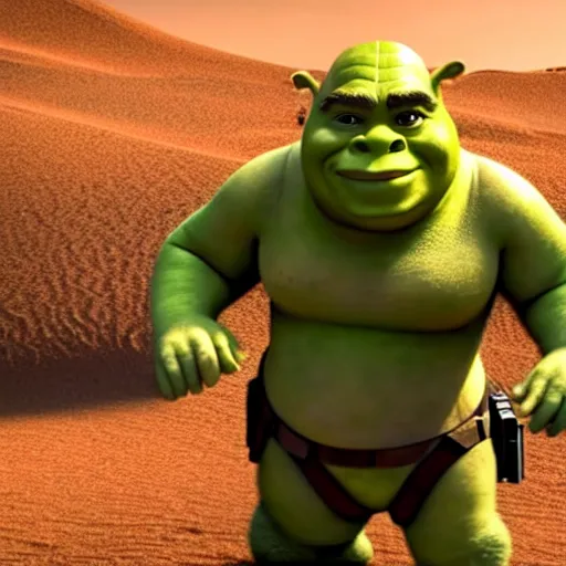 Image similar to zoomed - out movie still of star wars with shrek on the set, highly detailed, extremely high quality, hd, 4 k, 8 k, canon 3 0 0 mm, professional photographer, 4 0 mp, lifelike, top - rated, award winning, realistic, detailed lighting, detailed shadows, sharp, no blur, edited, corrected, trending
