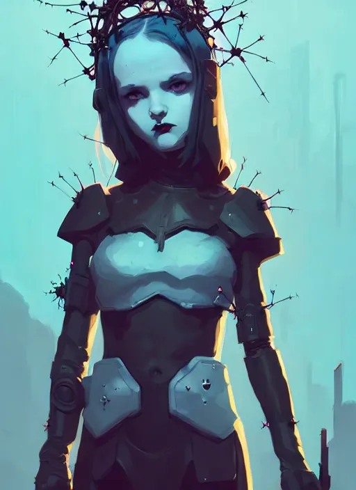 Image similar to portrait of cute goth maiden girl with crown of thorns in cyber armor, warhammer, cyberpunk, by atey ghailan, by greg rutkowski, by greg tocchini, by james gilleard, by joe fenton, by kaethe butcher, dynamic lighting, gradient light blue, brown, blonde cream and white color in scheme, grunge aesthetic