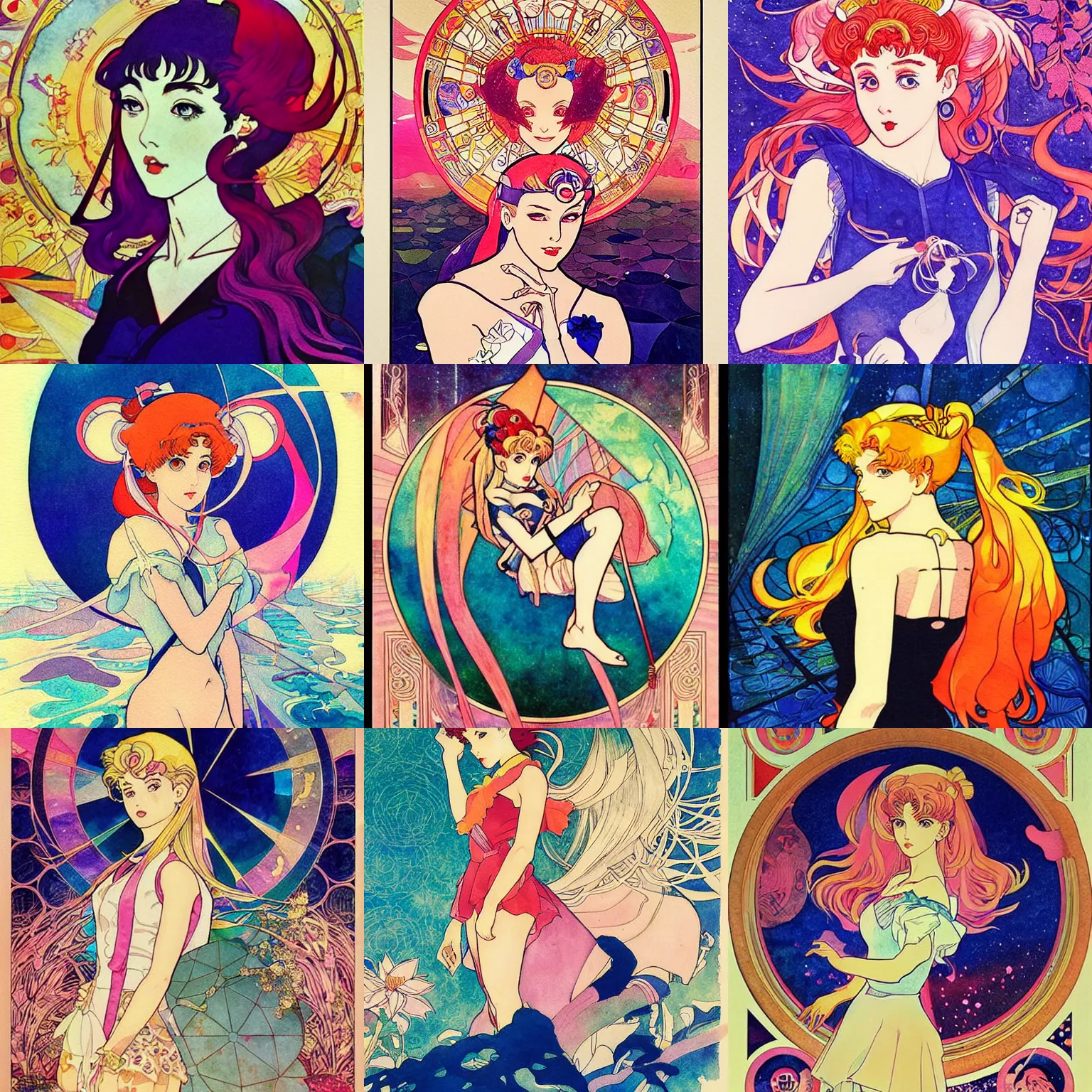 Prompt: the sailor moon. beautiful, realistic painting by mucha and kuvshinov and bilibin and malevich. synthwave watercolor, thick lining, manga, soviet realism