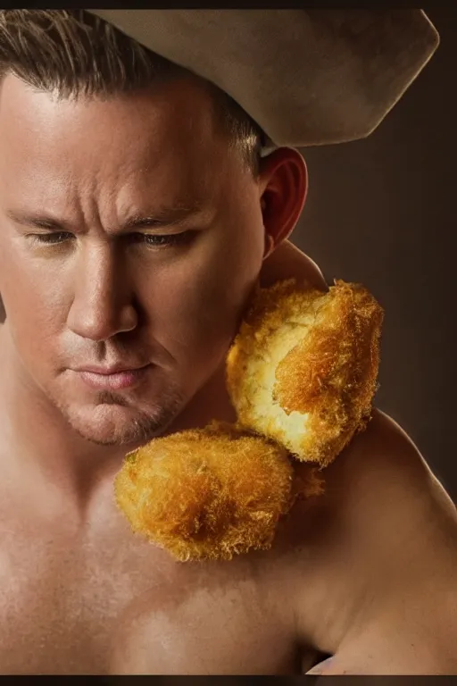 Image similar to channing tatum wearing a tater tot costume, oil on canvas, intricate, 8 k highly professionally detailed, hdr, cgsociety