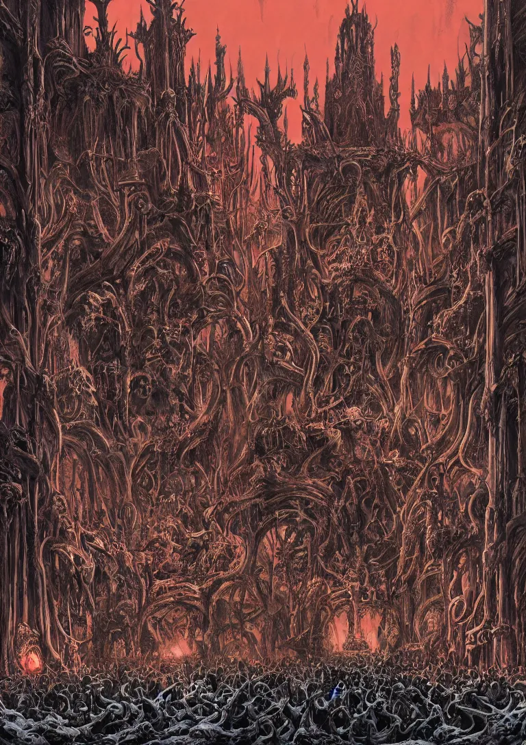 Image similar to matte painting of a gothic throne room, centered on a huge throne of bones and flesh, abominations are kneeling in front of the throne, dying humans are nailed to the walls, red tones, josan gonzales and moebius and enki bilal and and dan mumford and jean claude meziere and philippe druilleg