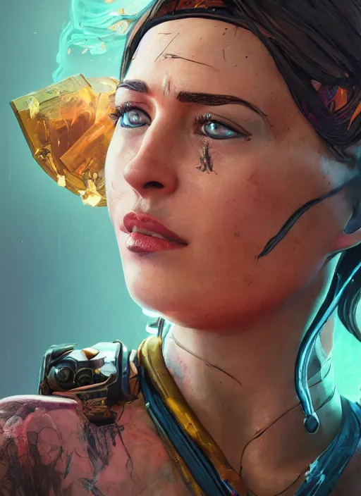 Image similar to glowwave portrait of dakota johnson from borderlands 3, au naturel, hyper detailed, digital art, trending in artstation, cinematic lighting, studio quality, smooth render, unreal engine 5 rendered, octane rendered, art style by klimt and nixeu and ian sprigger and wlop and krenz cushart.