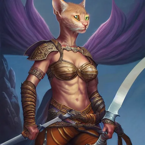 Prompt: khajit warrior wielding a sword, highly detailed matte fantasy painting, stormy lighting, by ross tran, by artgerm, by lisa frank, by brom, by peter mohrbacher