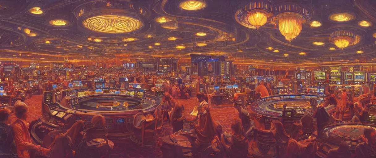 Prompt: a megalit modern casino, tim hildebrandt, wayne barlowe, bruce pennington, donato giancola, trending on artstation, cinematic composition, beautiful lighting, hyper detailed, 8 k, oil on canvas