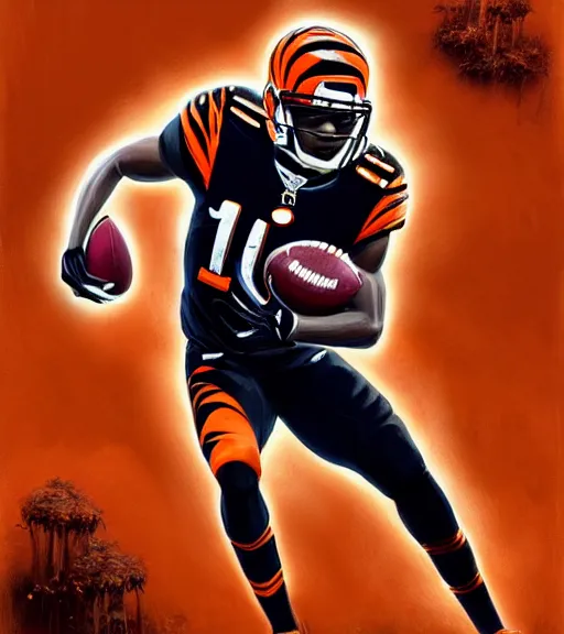 Image similar to highly detailed portrait of ja'marr chase cincinnati bengals football, orange & black uniform with # 1 printed, unreal engine, fantasy art by greg rutkowski, loish, rhads, ferdinand knab, makoto shinkai and lois van baarle, ilya kuvshinov, rossdraws, tom bagshaw, global illumination, radiant light, detailed and intricate environment