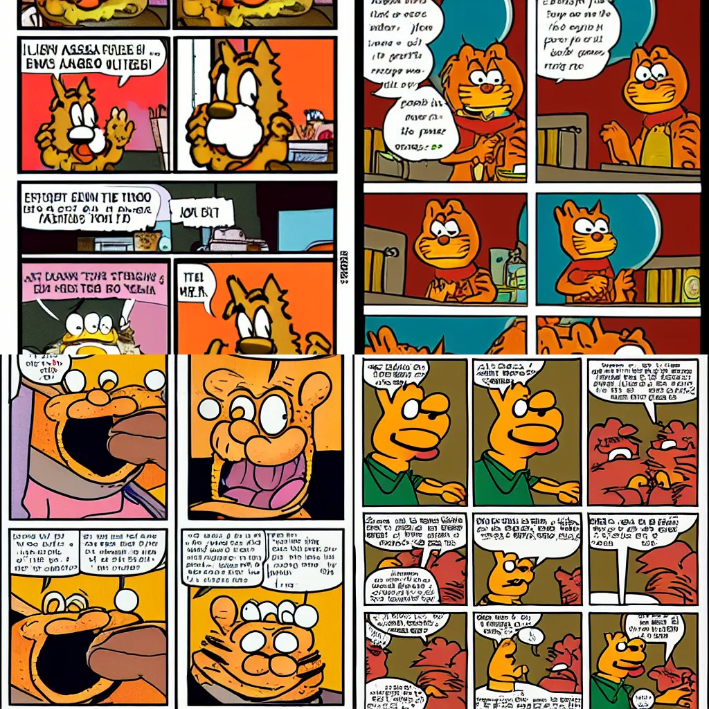 Prompt: garfield wants jon to eat the lasagna now, speech bubbles, retro comic style, weathered paper
