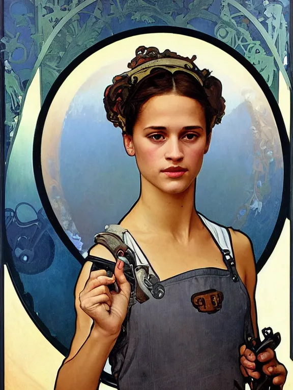 Image similar to an art nouveau style head and shoulders portrait oil painting of a pretty young alicia vikander as a mechanic in a dirty coveralls holding a wrench, in front of a round, complex rotary airplane engine, intricate, detailed, smooth, complex, elaborate, by alphonse mucha and james gurney and john william waterhouse