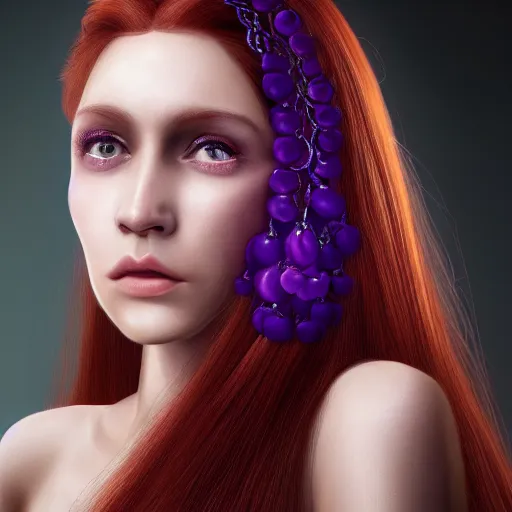 Image similar to Beautiful photorealistic portrait of a woman with purple eyes and long red hairs wearing shiny earings , higly detailed, 8K