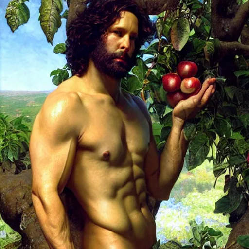 Image similar to muscular paul rudd as the biblical adam in the garden of eden, abundant apple trees, natural lighting, path traced, highly detailed, high quality, digital painting, by gaston bussiere, craig mullins, alphonse mucha j. c. leyendecker, tom of finland