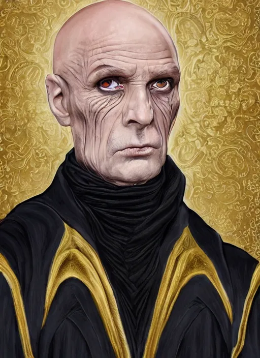 Prompt: a bald pale ninety year old sorcerer. stately and dour. eyeliner accentuates his sunken eyes. a high black turtleneck. opulent white golden red robe. white leather gloves with gold decoration, sharp focus, a downcast shadow, his hands crossed in front of his displeased face, illustration, digital painting, art by magali villeneuve