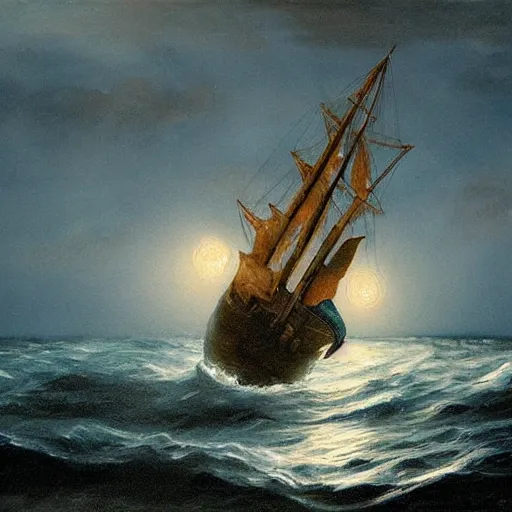 Image similar to a wooden ship in a storm in the ocean, full moon, blue light, oil painting