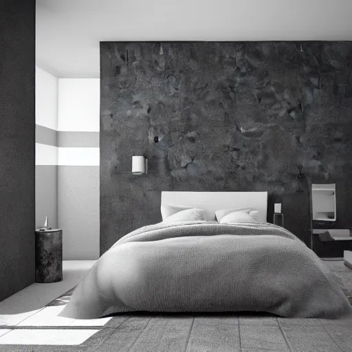 Image similar to brutalist bedroom, big windows, minimalist architecture, minimalist furniture, octane render, high quality, 8 k, post production