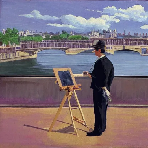 Image similar to mcgregor is dressed as a gentleman at early 2 0 th century paris. he is watching an easel. that easel has a canvas on it. ewan mcgregor has a brush on his hand. he is painting a painting. realistic painting with strong outlines. background has river seine, morning sun, dark clouds, by studio ghibli