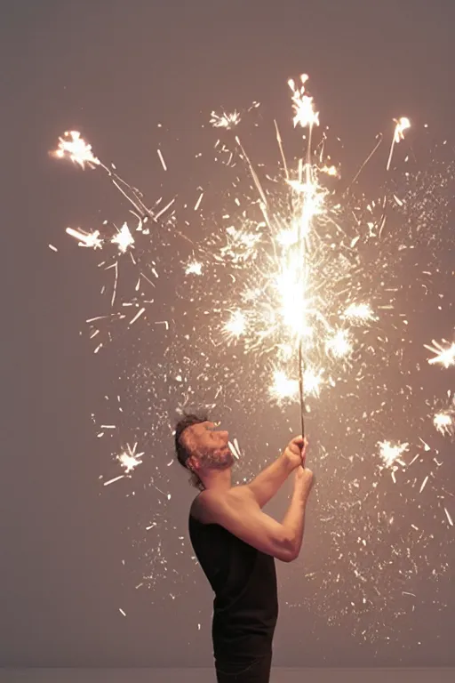 Image similar to margiela campaign featuring artist ben schumacher blowing out all the candles on the birthday cake, sparklers, realistic vfx simulation