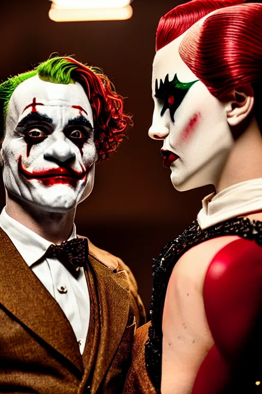 Image similar to joaquin phoenix joker with harley queen lady gaga, photorealistic, smooth, 4 k, aesthetic lighting, baroque object, sharp focus, hyperdetailed, professional photography, pullitzer winning, 8 0 0 photo by : canon eos 5 d mark iv, by karah mew and adnan abidi and jodie bateman