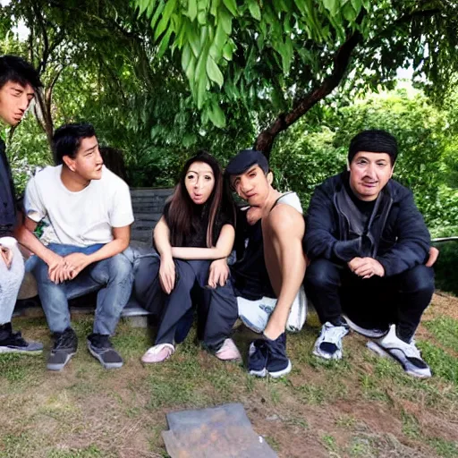 Image similar to one mexican woman 2 4 years old, one chinese man, one romanian man, one mexican man, one light skin black man, hanging out in a backyard in the city, peaking on mdma, actual photo