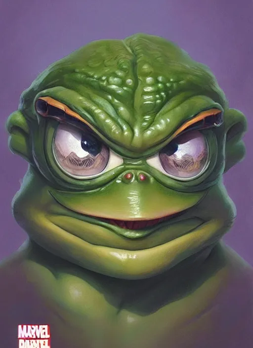 Image similar to Portrait of Pepe The Frog, marvel comics, dark, intricate, highly detailed, smooth, artstation, digital illustration by Ruan Jia and Mandy Jurgens and Artgerm and Wayne Barlowe and Greg Rutkowski and Frank Frazetta