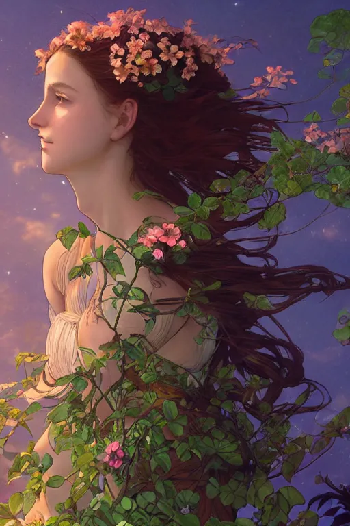 Image similar to a beautiful render of a beautiful female earth sprite, nature, flowers, a beautiful face, perfectly shaded, atmospheric lighting, style of makoto shinkai, raphael lacoste, louis comfort tiffany, artgerm, karol bak, james jean, alphonse maria mucha