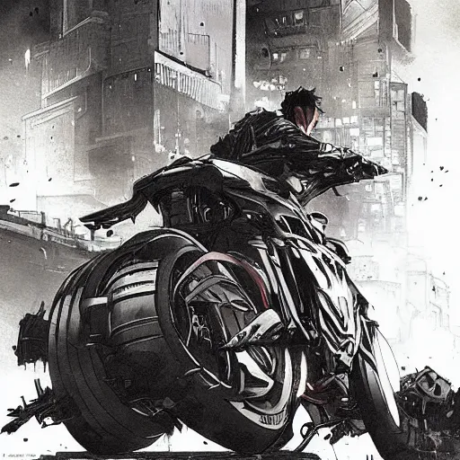 Image similar to Katsuhiro otomos akira, Dark cityscapes and futuristic motorcycles, Manga and anime, sinister by Greg Rutkowski