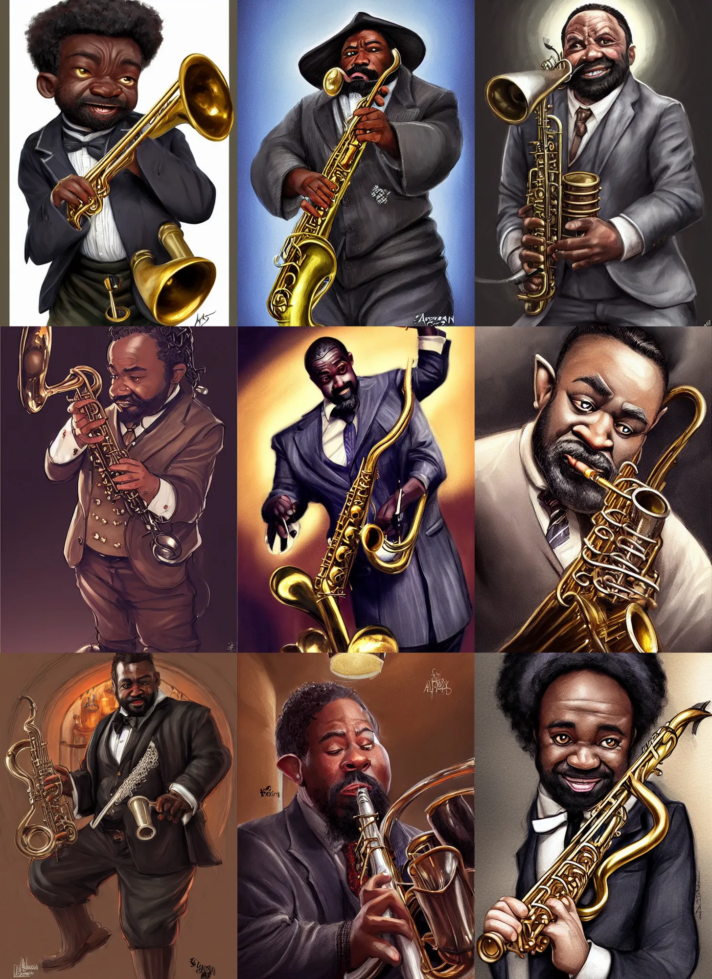 Prompt: picture of a jazz playing dwarf in a pub, lotr, male, black skin, saxophone, tuxedo, face details, shapely, extremely detailed, smooth, sharp focus, digital illustration, by artgerm, rossdraws, sakimichan
